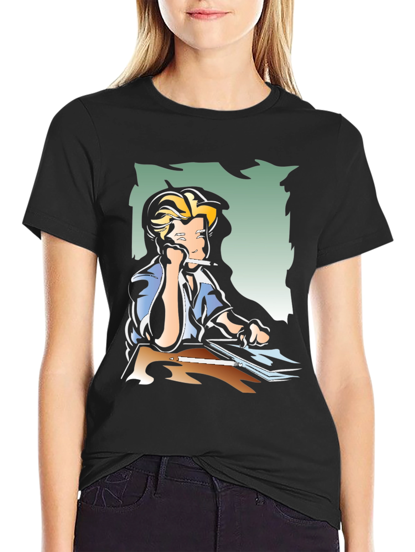 Black Creative Cartoon Graphic Tee - Black view 2