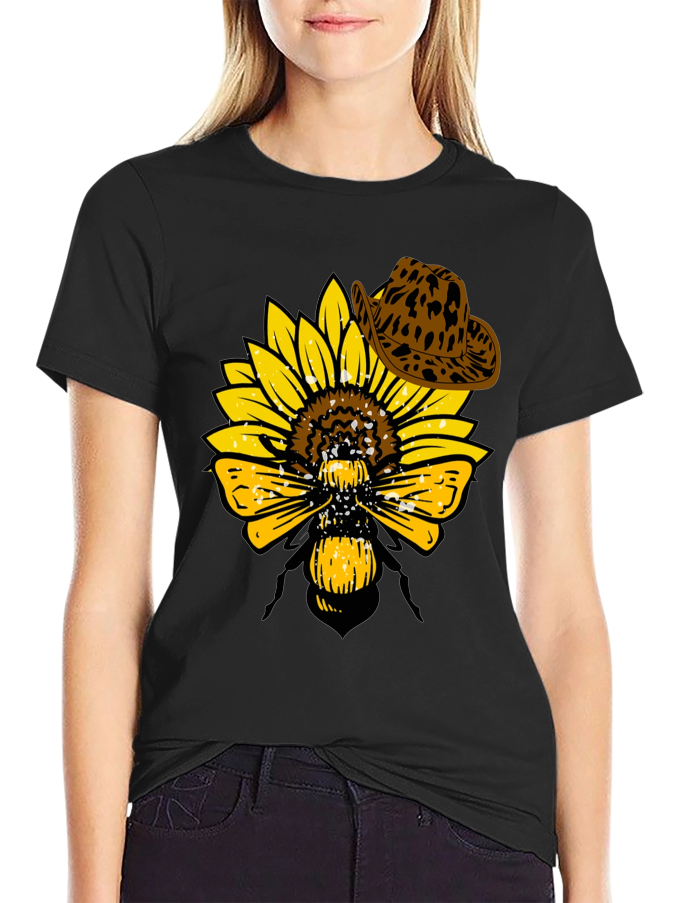 Black Sunflower Bee Cowboy Hat T-Shirt view 2