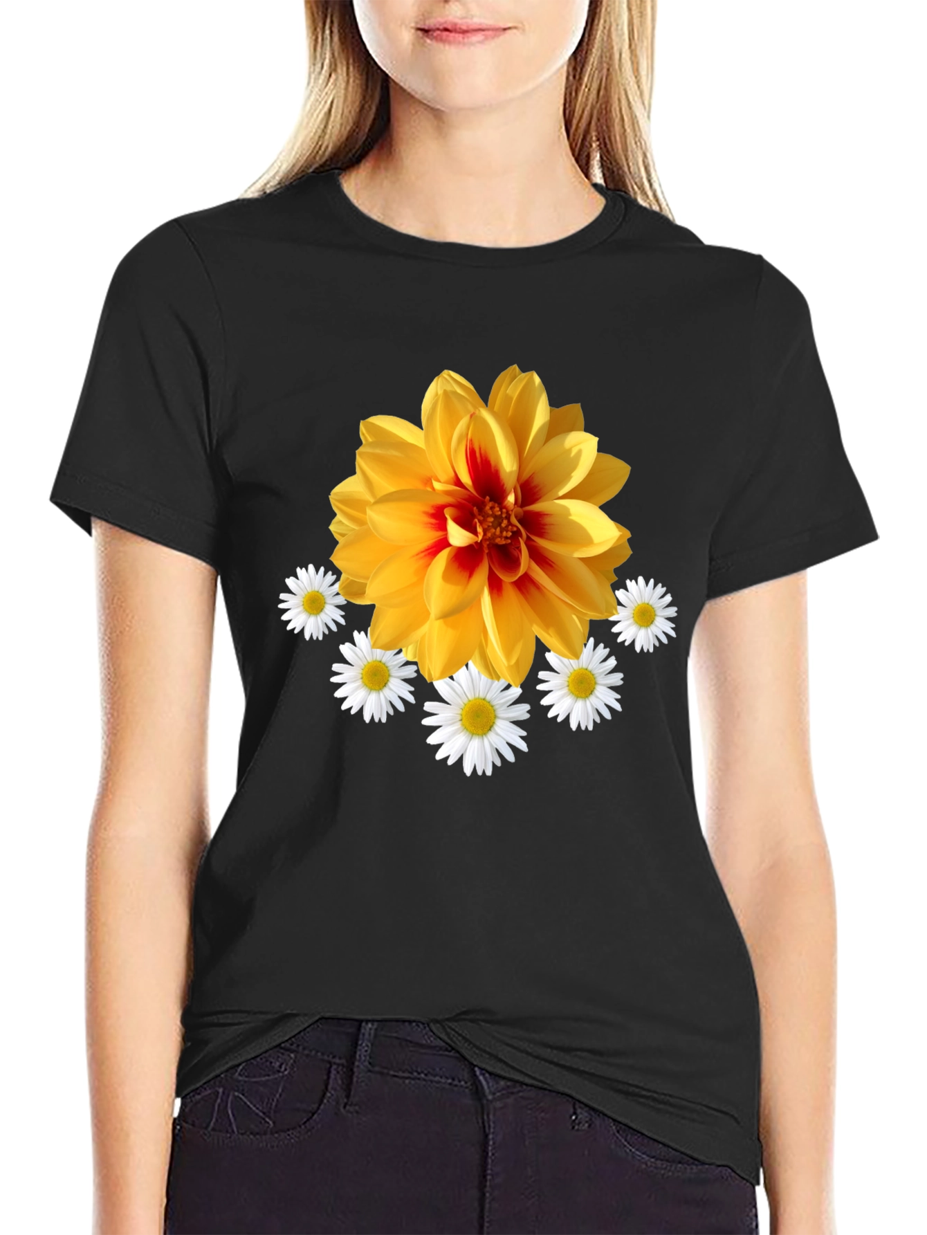Black Floral Graphic T-Shirt: Yellow Dahlia & Daisies, Black Tee view 2