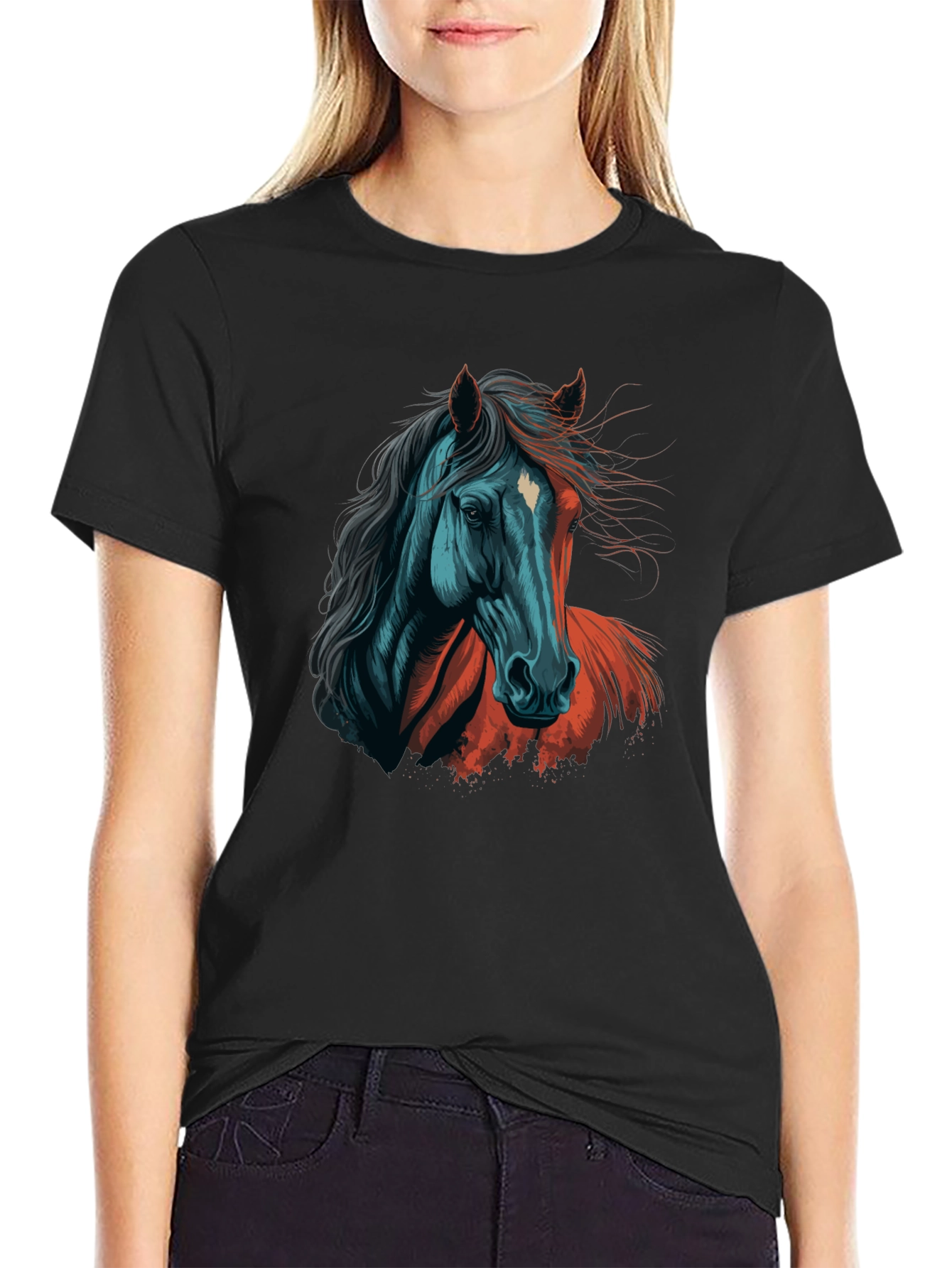 Black Horse Graphic Tee - Artistic Print Black T-Shirt view 2