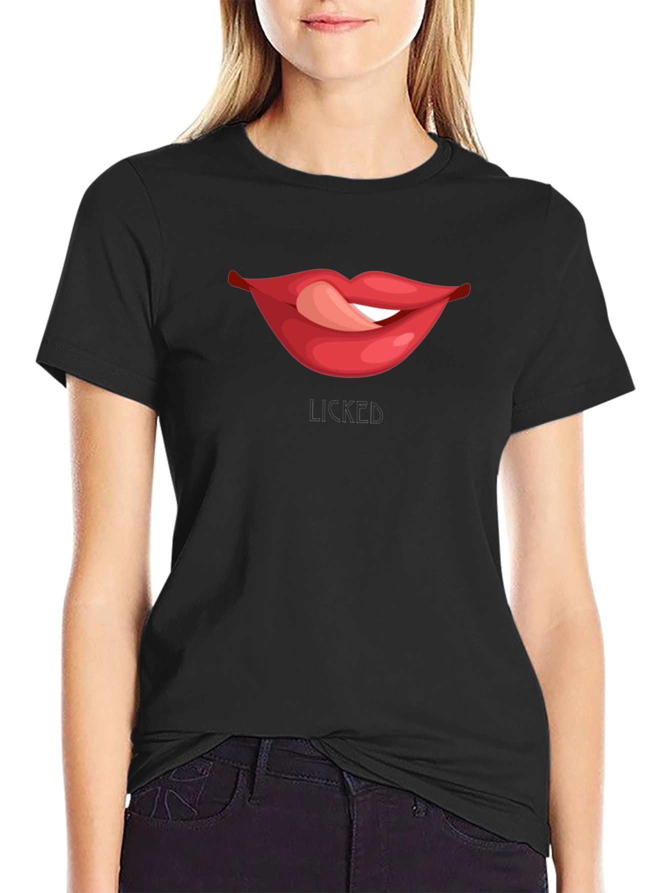 Black Licked Lips Graphic Tee - Black Cotton Blend T-Shirt view 2