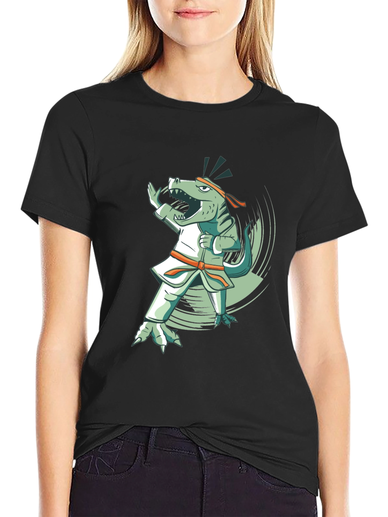 Black Martial Arts Dinosaur Black T-Shirt view 2
