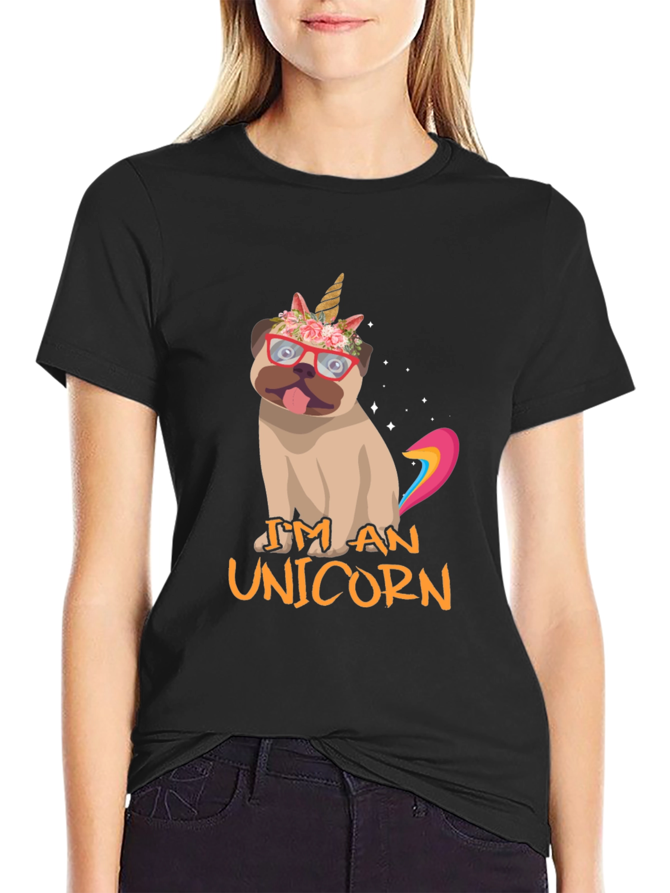 Black I'm An Unicorn Pug T-Shirt view 2