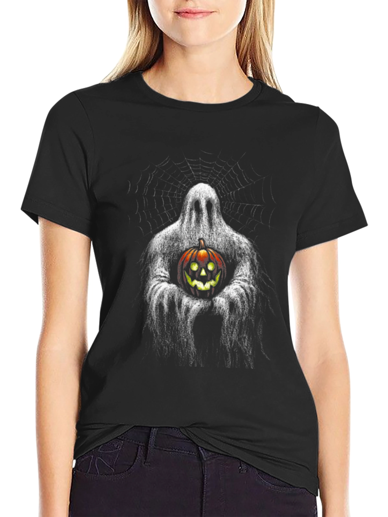 Black Ghost Holding Pumpkin Halloween Black T-Shirt view 2