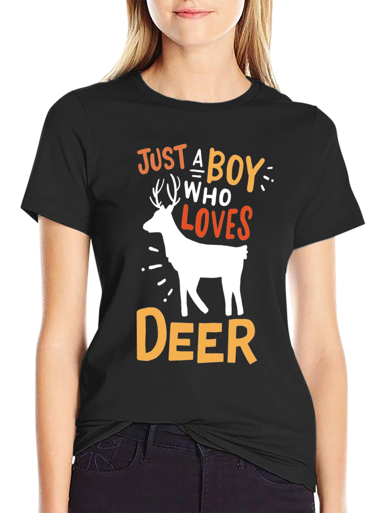 Black Just A Boy Who Loves Deer Graphic T-Shirt view 2