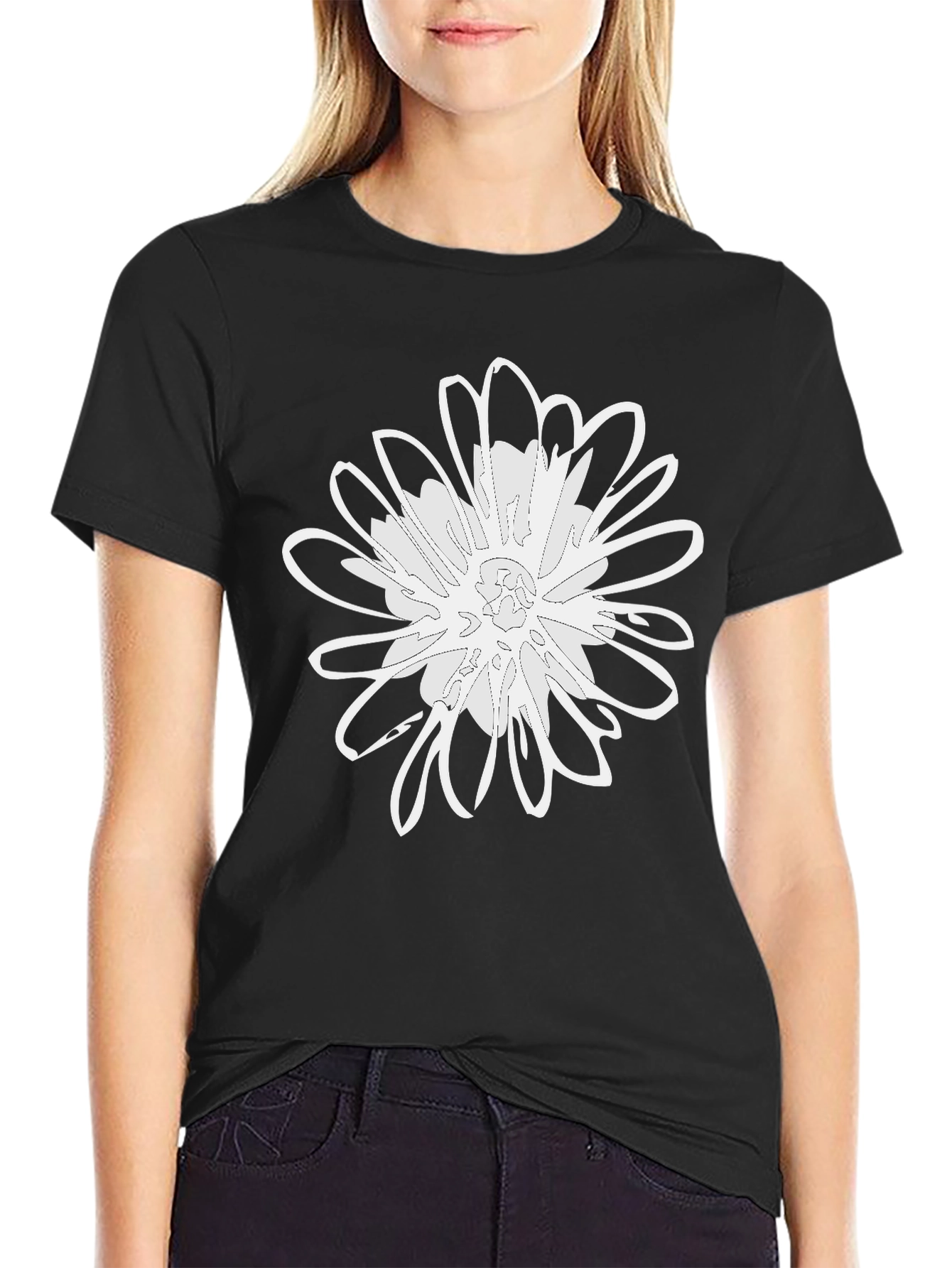 Black Modern Daisy Graphic Tee - Black Cotton Blend view 2