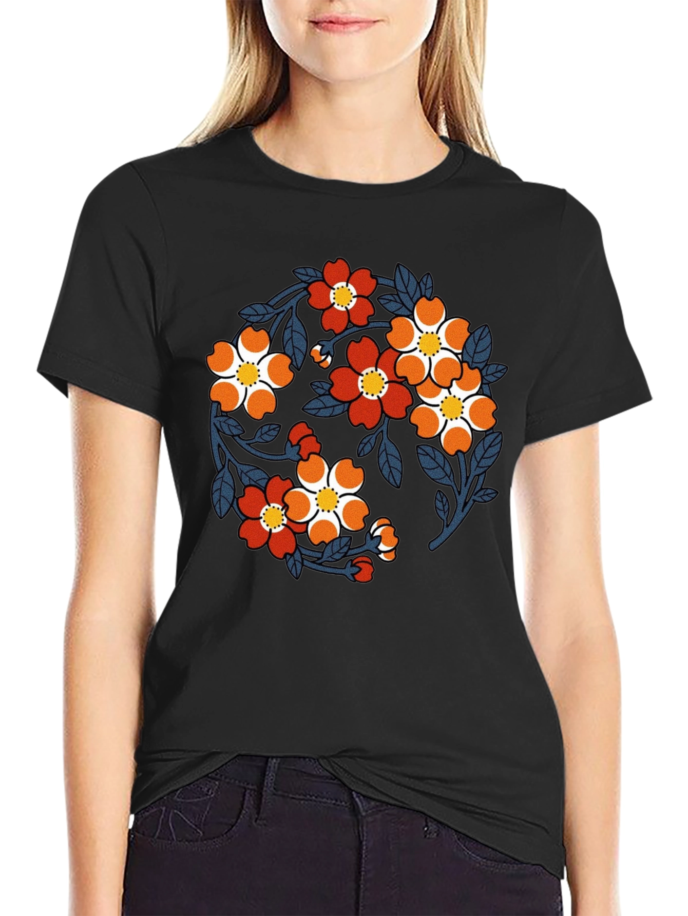 Black Floral Print Black Crew Neck T-Shirt view 2