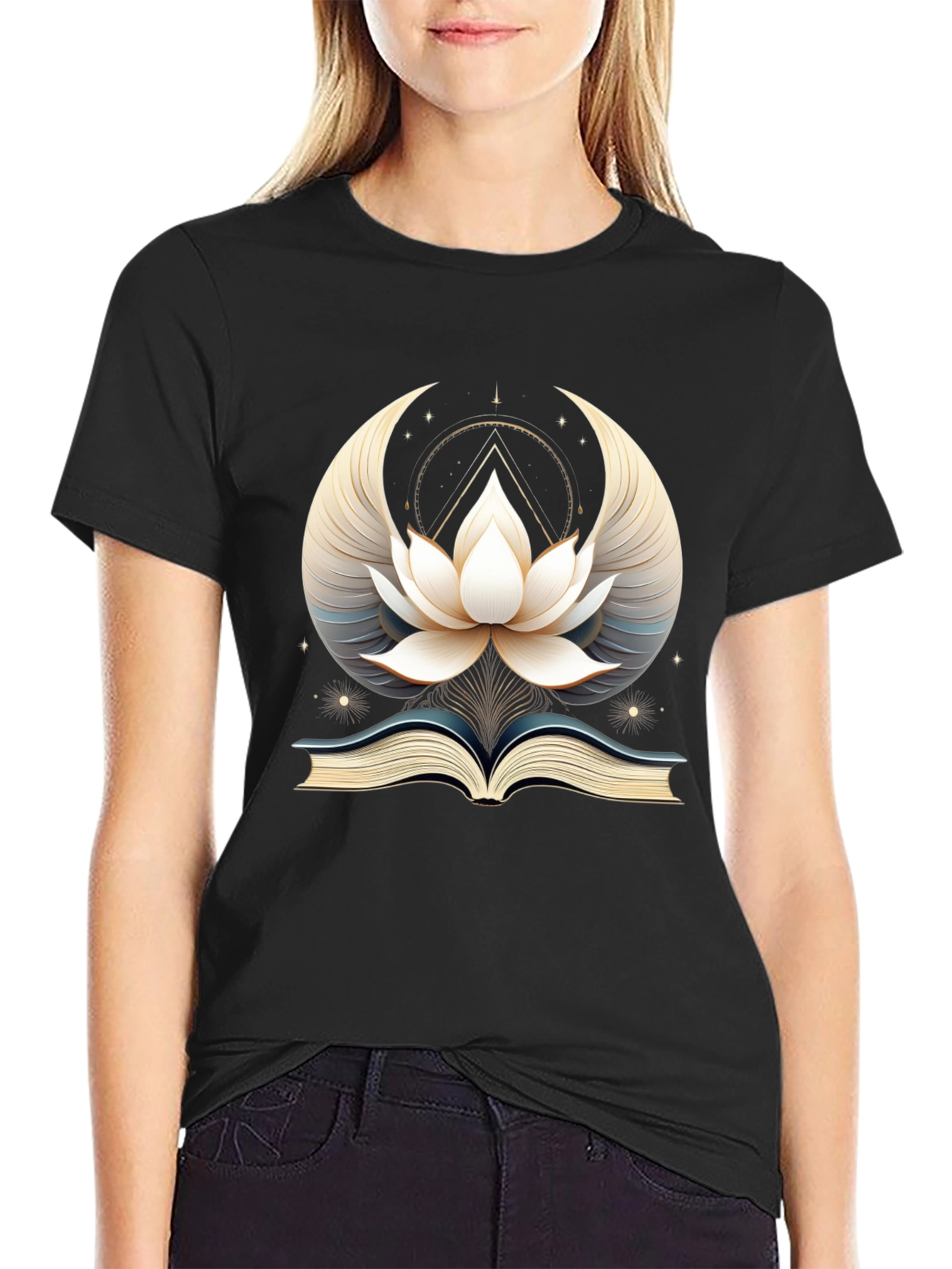 Black Mystic Lotus Book Graphic Tee - Unisex Black T-Shirt view 2