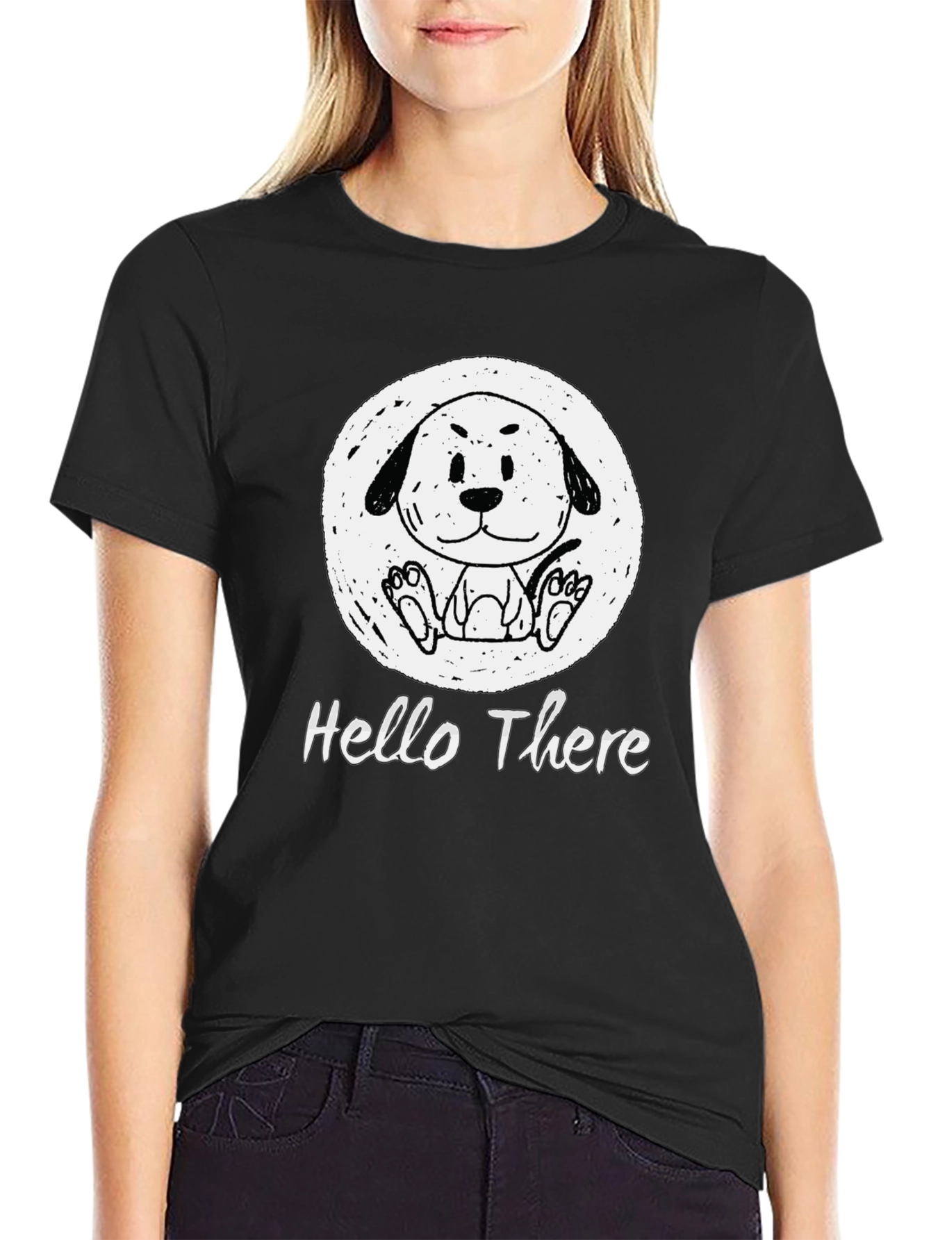 Black Cartoon Dog T-Shirt - "Hello There" Graphic Tee view 2
