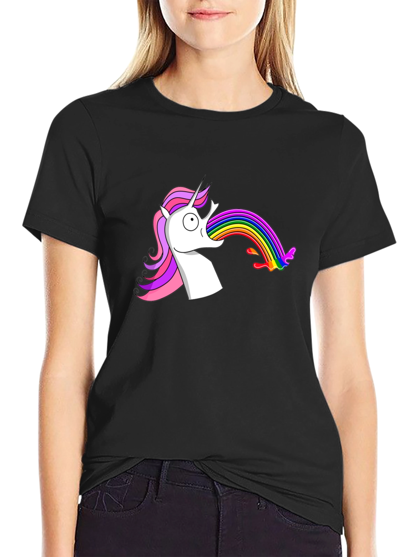 Black Unicorn Vomiting Rainbow Funny Graphic Tee view 2