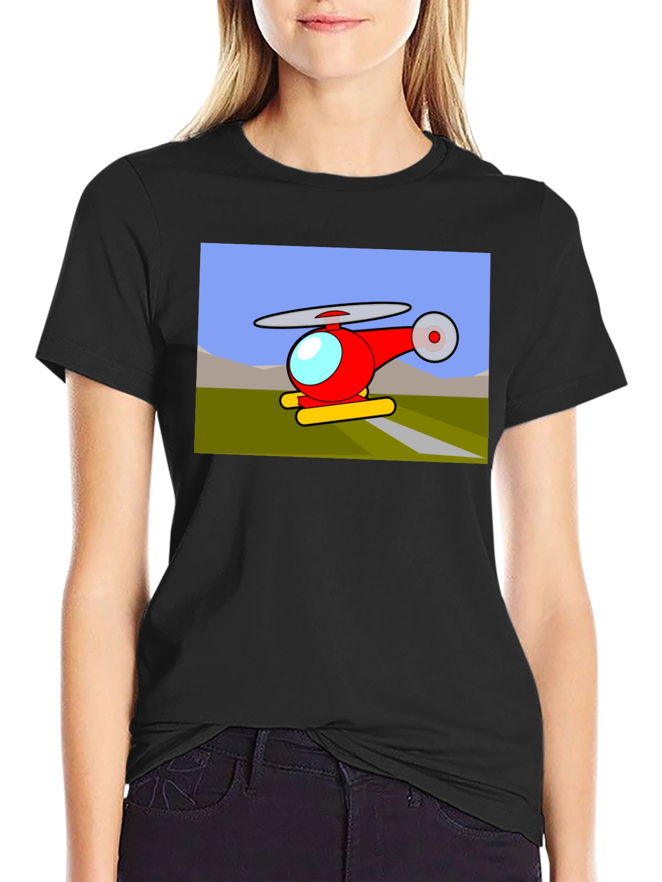 Black Cartoon Helicopter Graphic T-Shirt - Black view 2