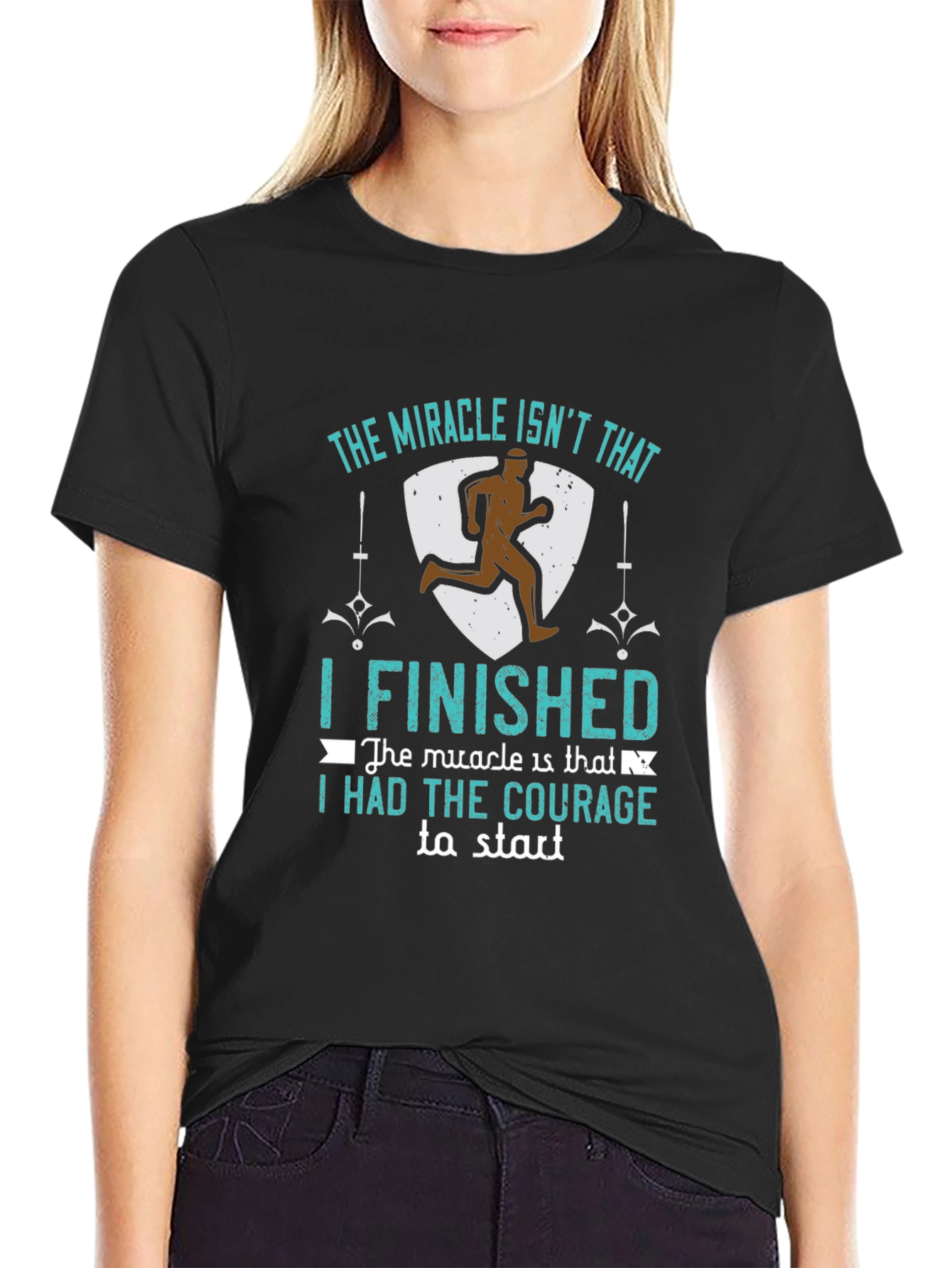 Black Inspirational Runner T-Shirt: "The Miracle Isn't That I Finished..." view 2