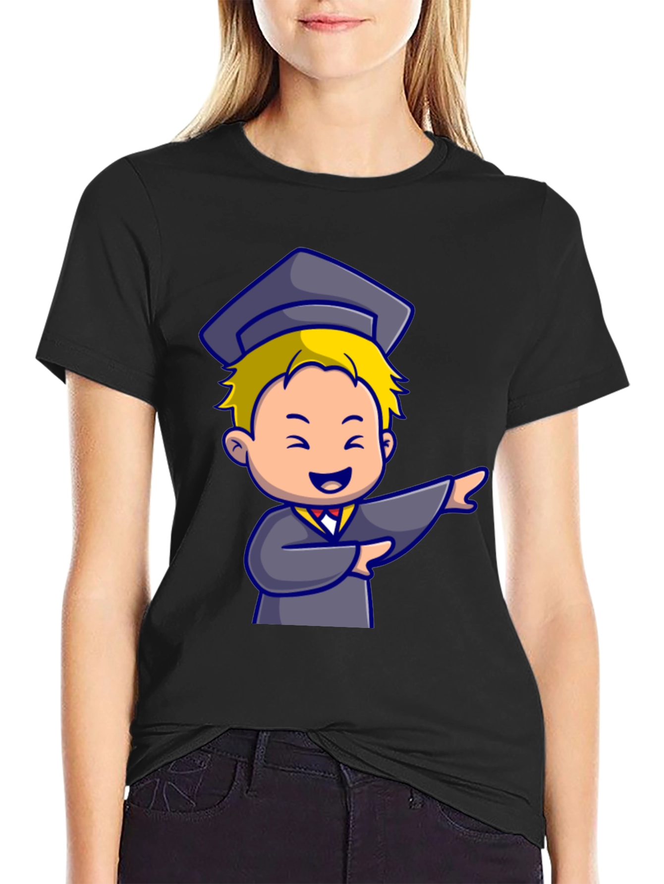 Black Graduation Cartoon Graphic T-Shirt view 2