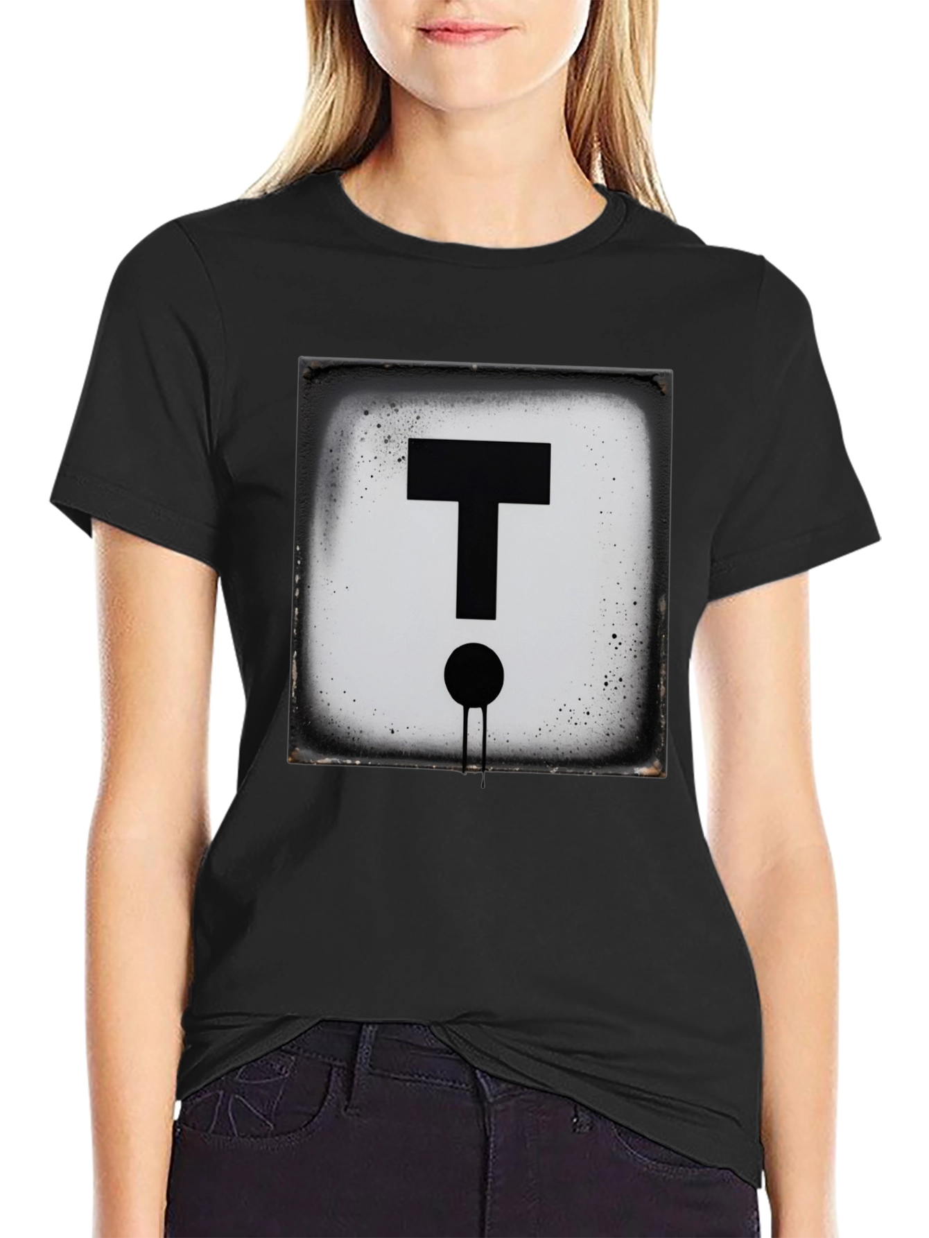 Black Modern Letter 'T' Graphic Black T-Shirt view 2
