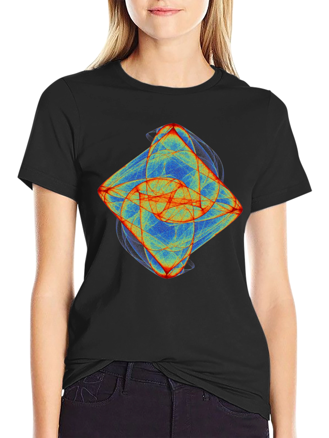Black Abstract Fractal Graphic Tee - Black Cotton T-Shirt view 2