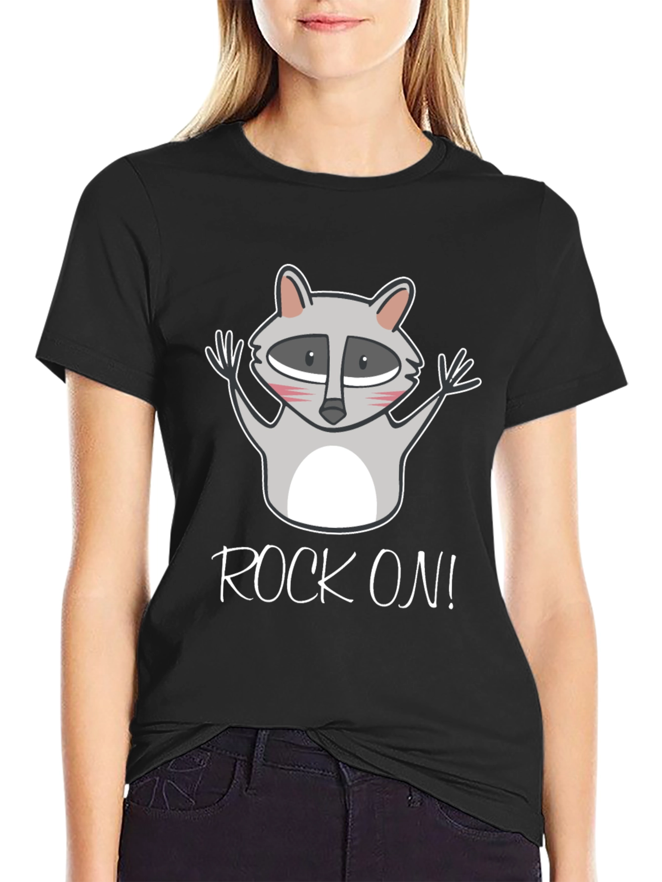 Black Rock On Raccoon Graphic Tee - Black Cotton T-Shirt view 2