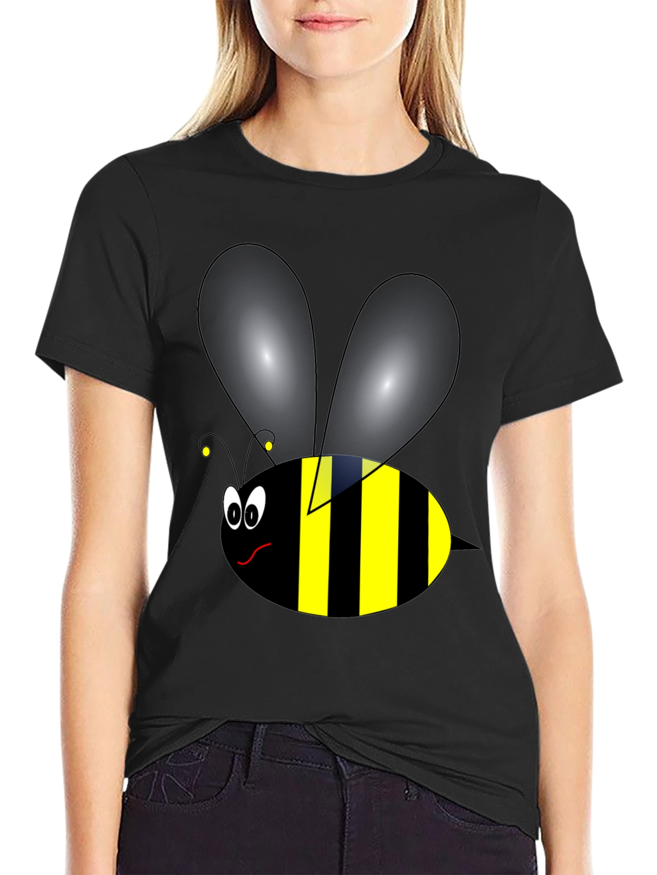 Black Funny Cartoon Bee Graphic Tee - Black Cotton view 2