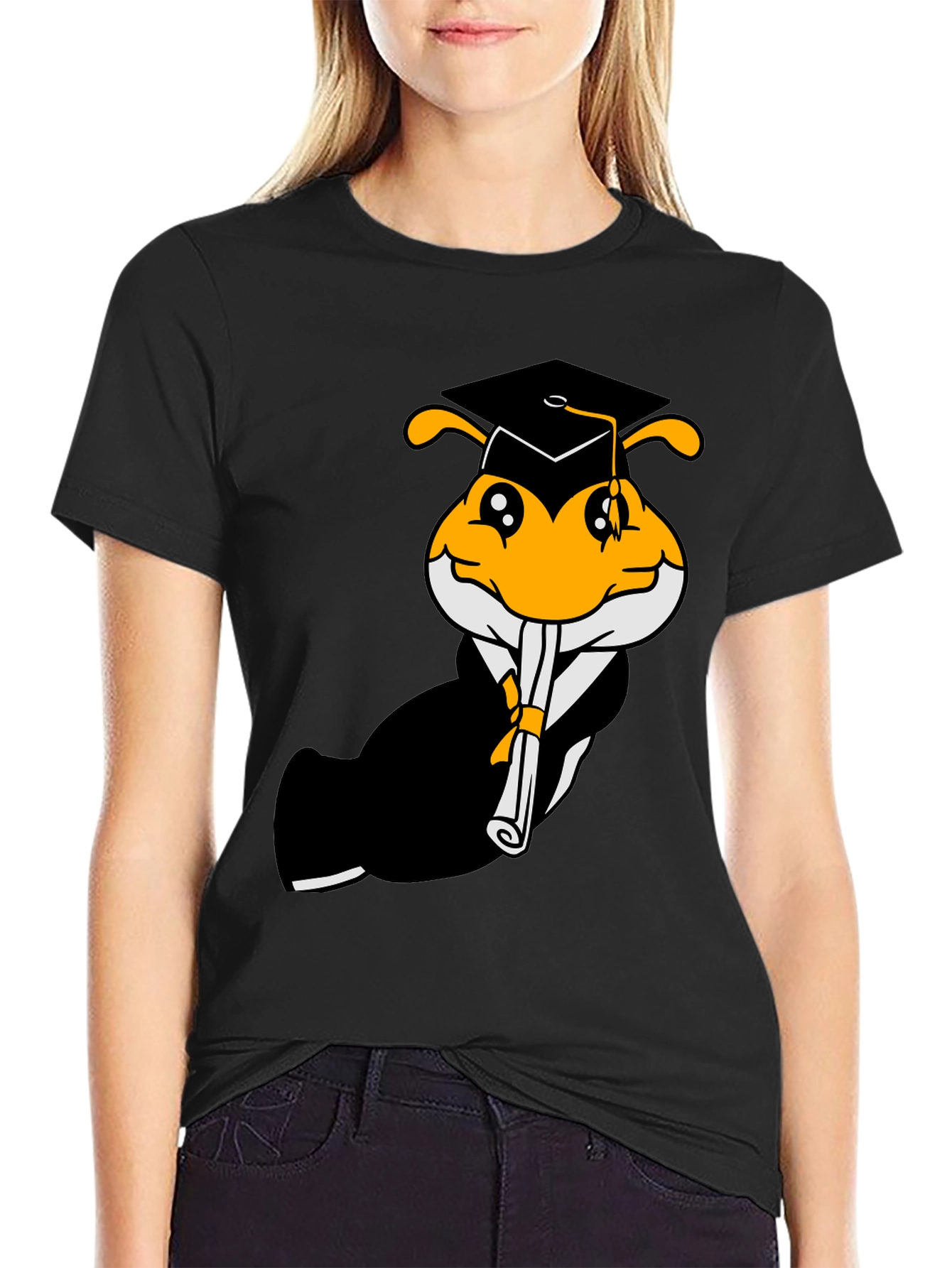 Black Graduation Bee Graphic Tee - Black Cotton T-Shirt view 2