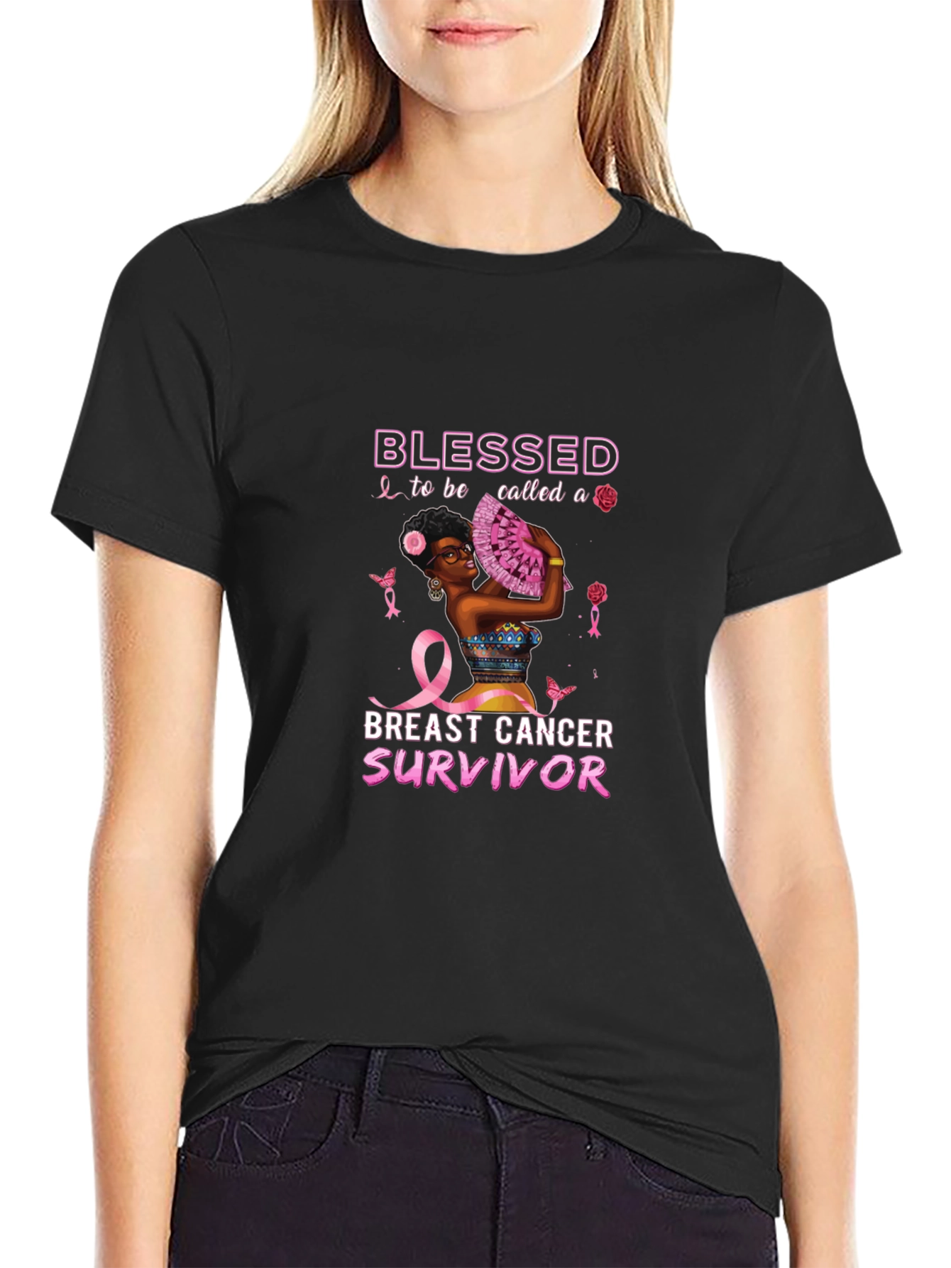 Black Breast Cancer Survivor Blessed Black T-Shirt view 2