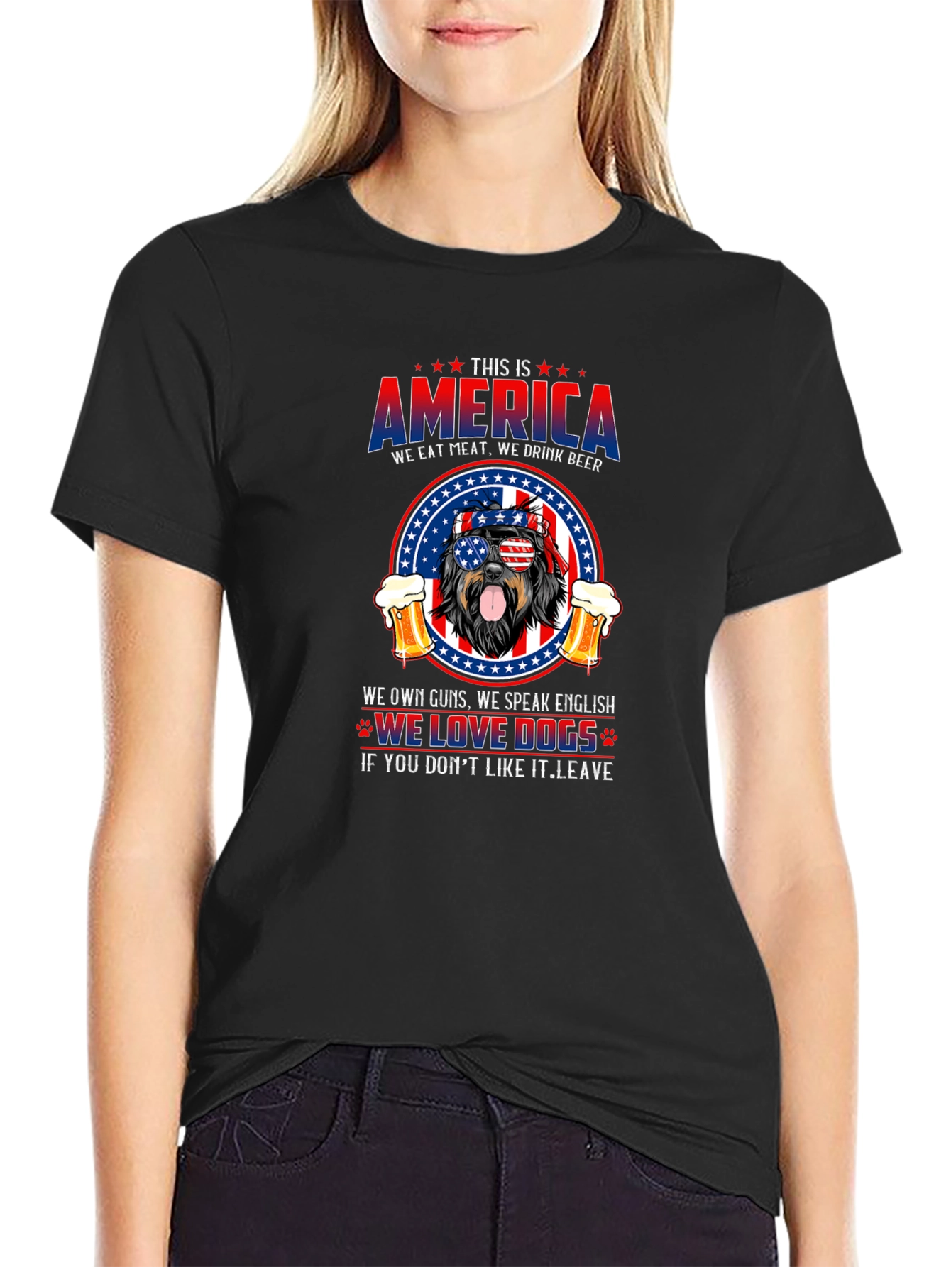 Black Patriotic Dog T-Shirt: America, Meat, Beer, and Dogs view 2