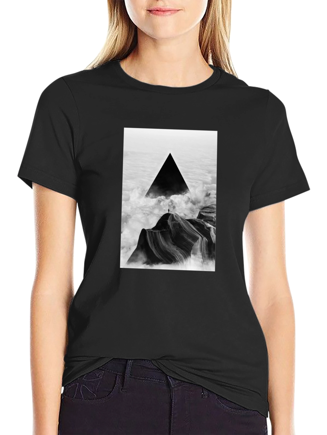 Black Black T-Shirt with Abstract Triangle Mountain Design view 2