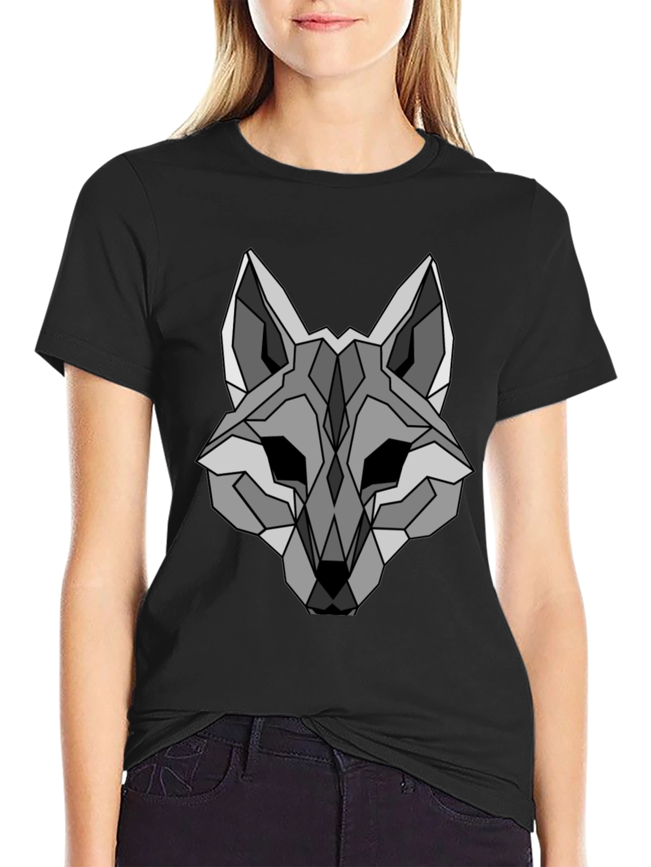 Black Geometric Wolf Graphic T-Shirt - Sleek, Modern Design view 2