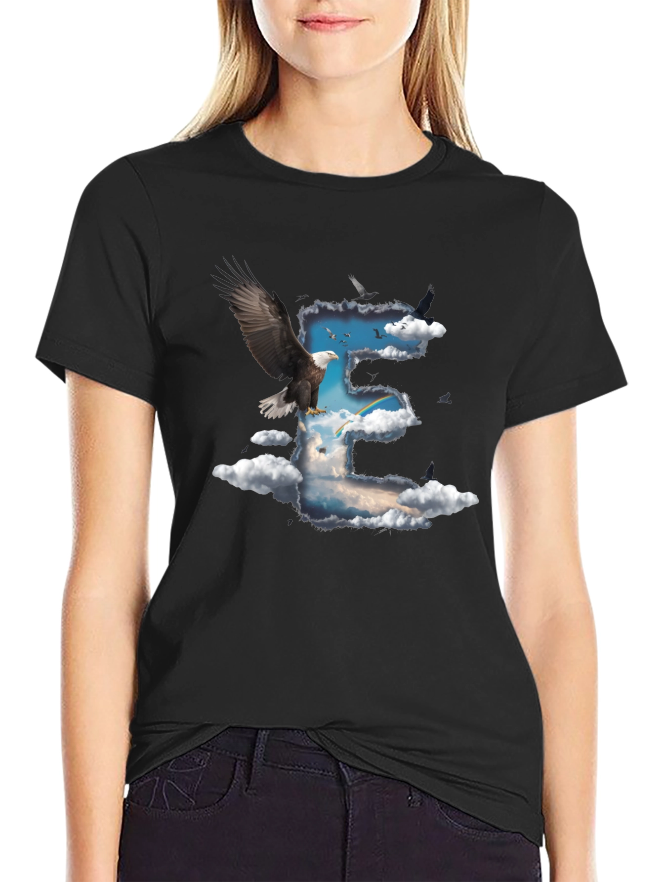Black Eagle & Clouds Graphic Tee - Black Cotton view 2