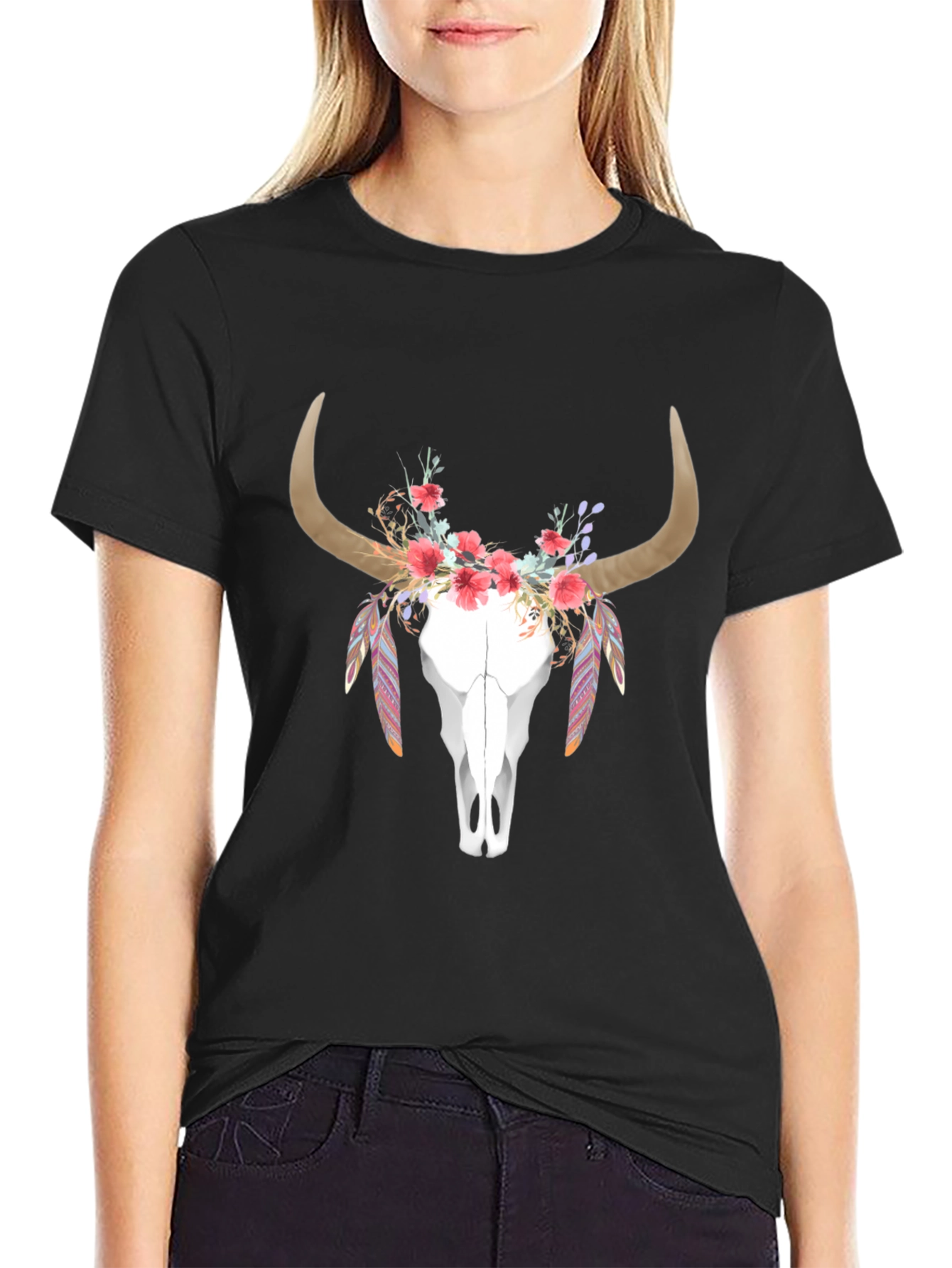 Black Floral Bull Skull Graphic T-Shirt view 2