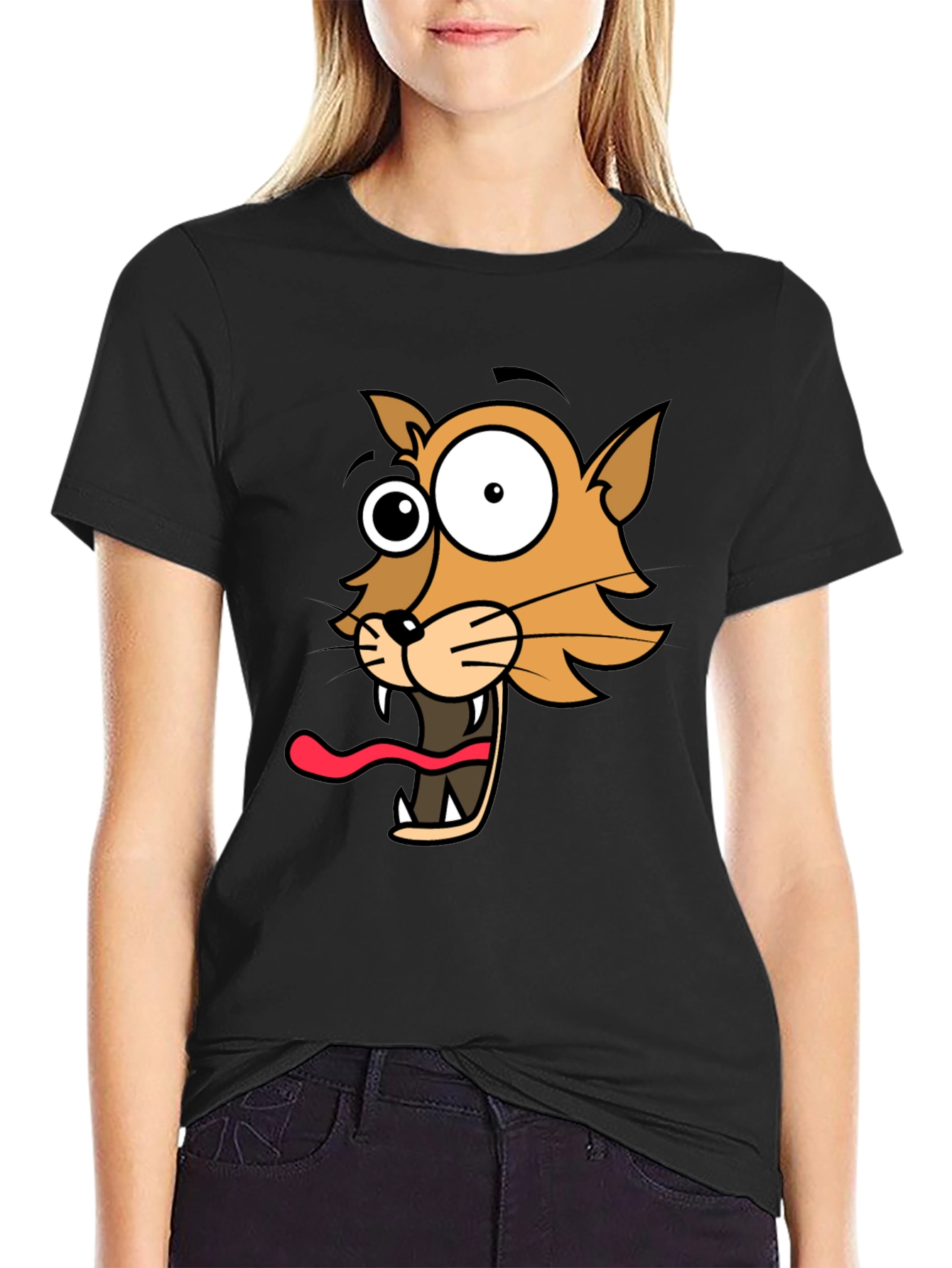 Black Cartoon Cat Graphic Tee - Hilarious Crazy Cat T-Shirt view 2