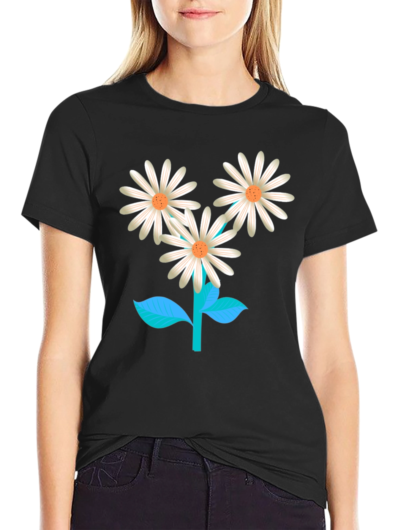 Black Floral Graphic T-Shirt: Daisy Design view 2