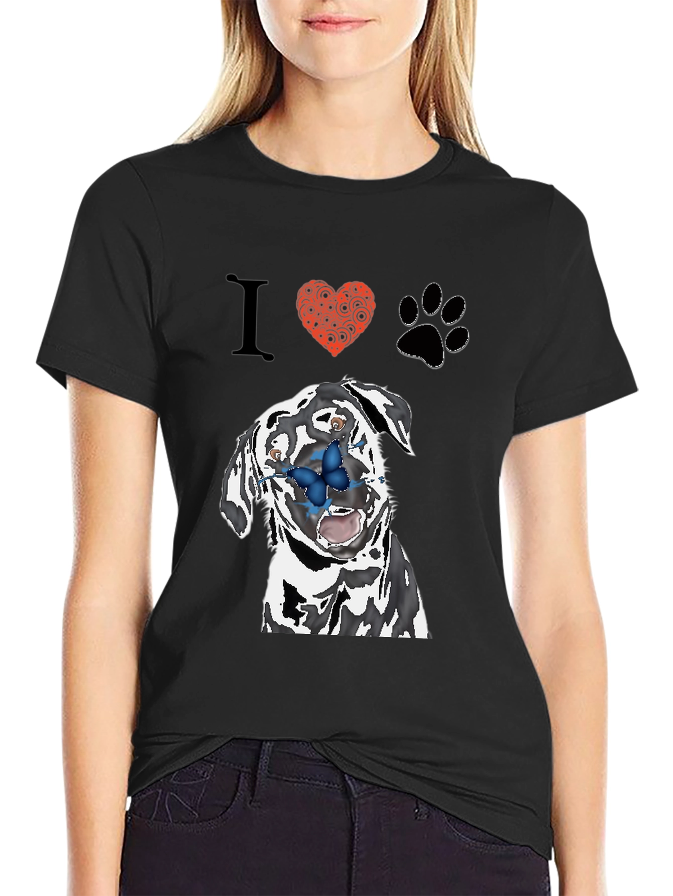 Black I Heart Pups T-Shirt: Black Tee with Dalmatian Graphic view 2