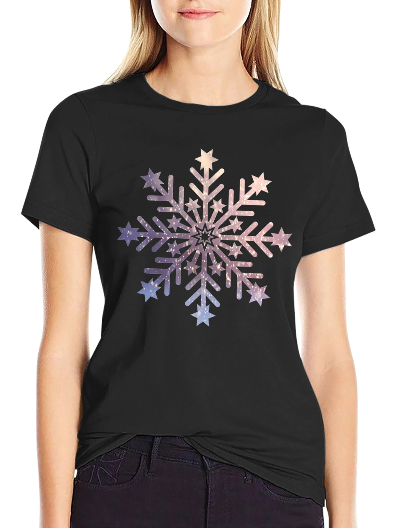 Black Stylish Galaxy Snowflake Graphic T-Shirt view 2