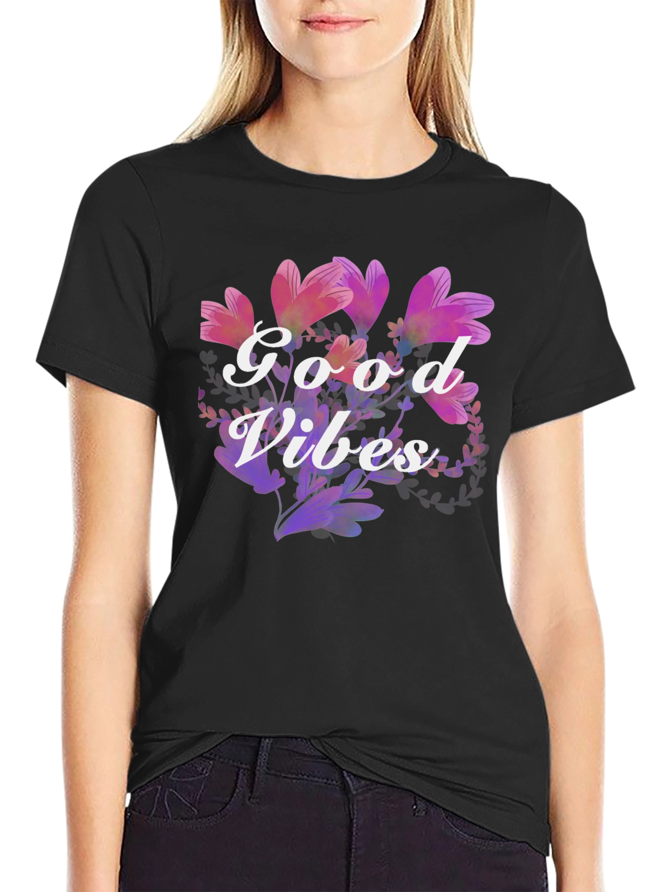 Black Good Vibes Floral Graphic Tee - Black Cotton Blend view 2