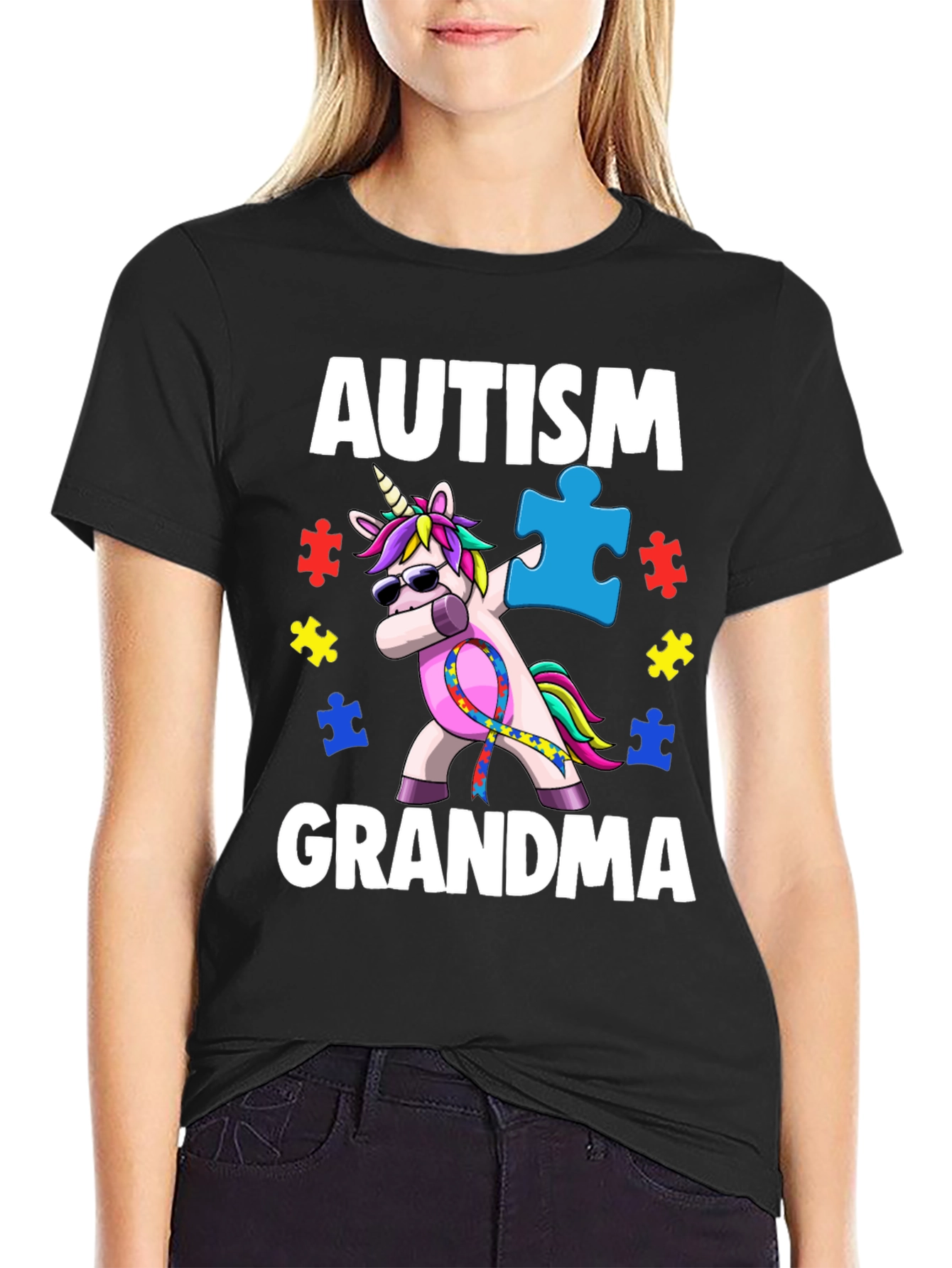 Black Autism Grandma Unicorn T-Shirt view 2