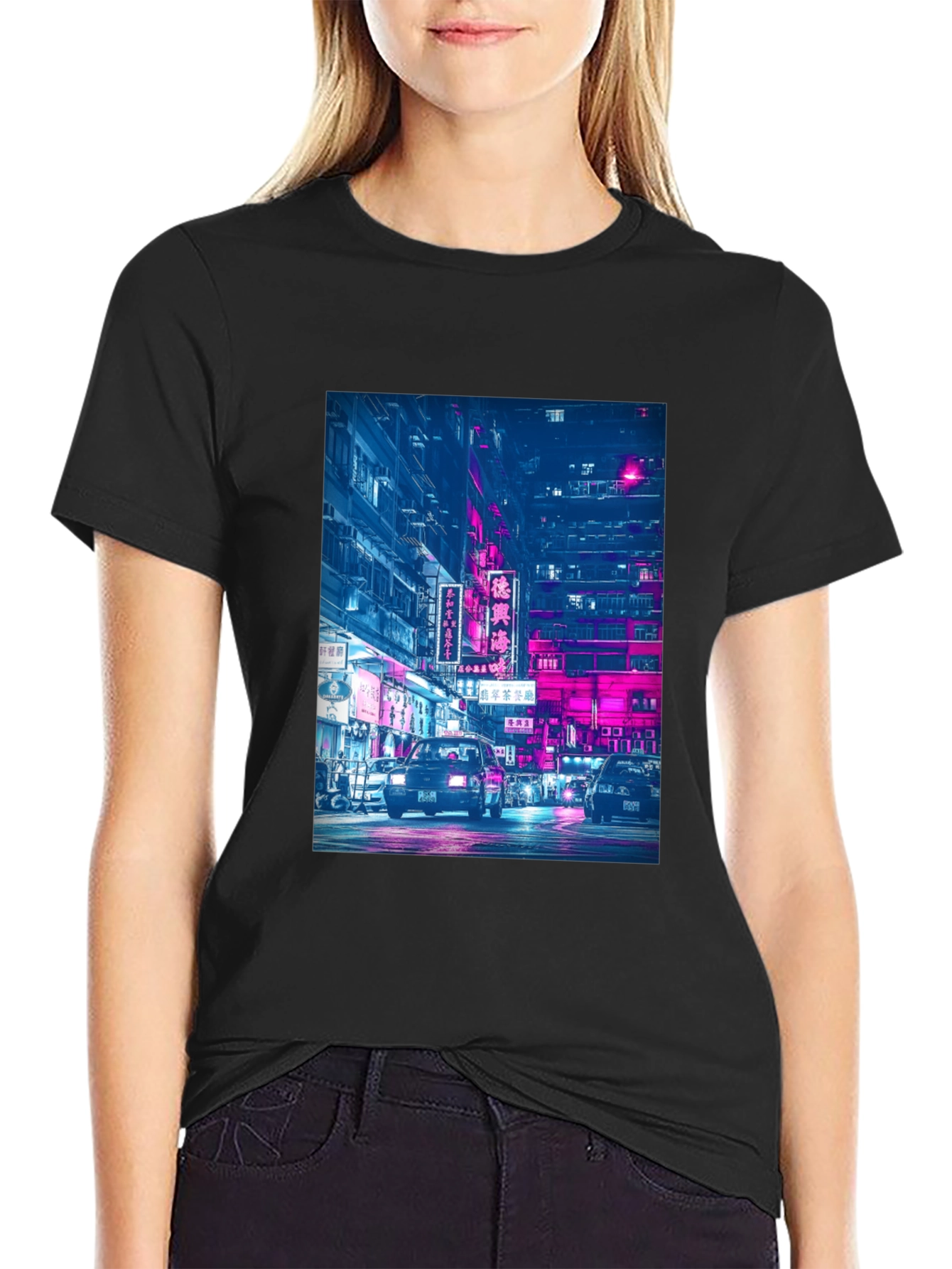 Black Night City Neon T-Shirt view 2