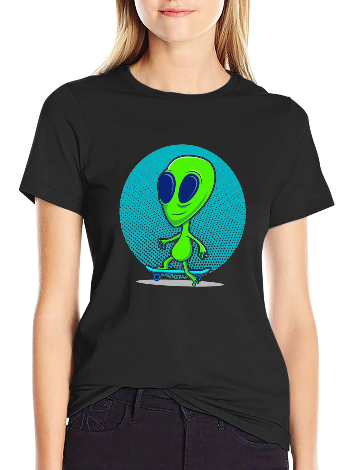 Black Alien Skateboarder Graphic T-Shirt - Black view 2