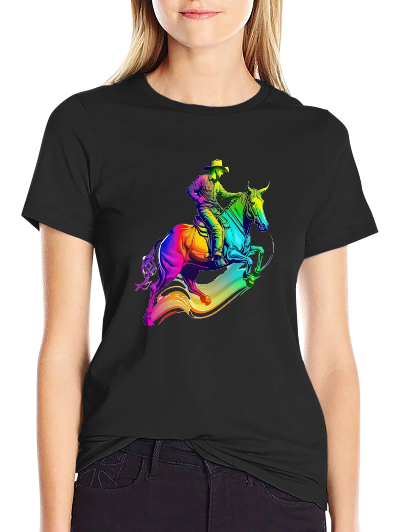 Black Rainbow Cowboy Horse Graphic T-Shirt view 2