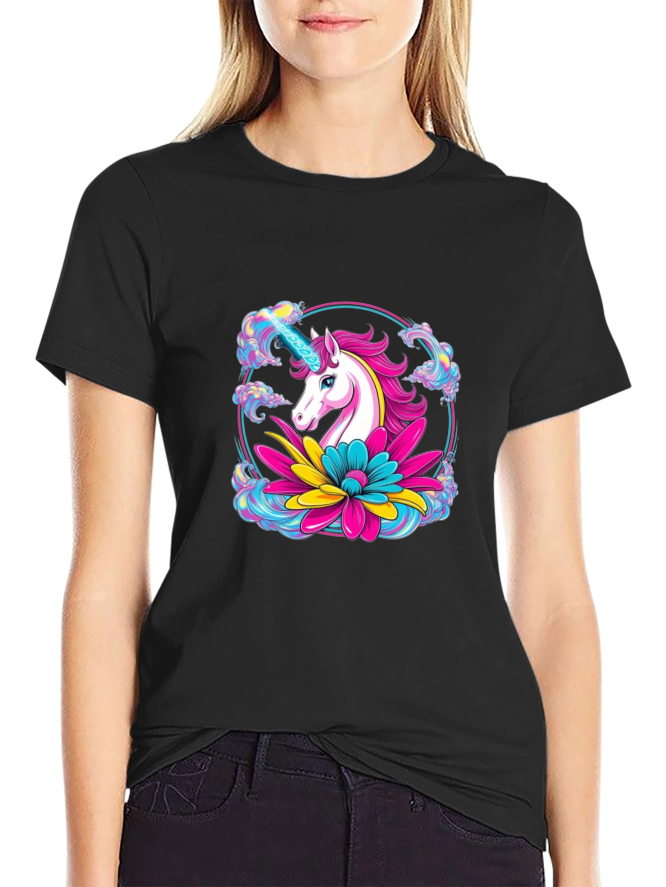 Black Unicorn Flower Black T-Shirt view 2