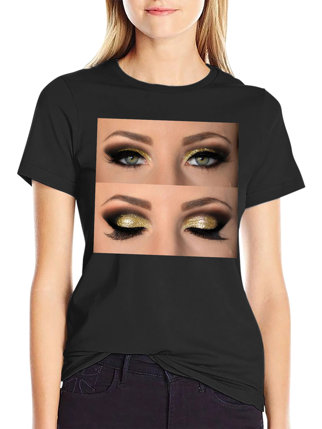 Black Glam Eyes Graphic Tee - Black Cotton Casual Wear view 2