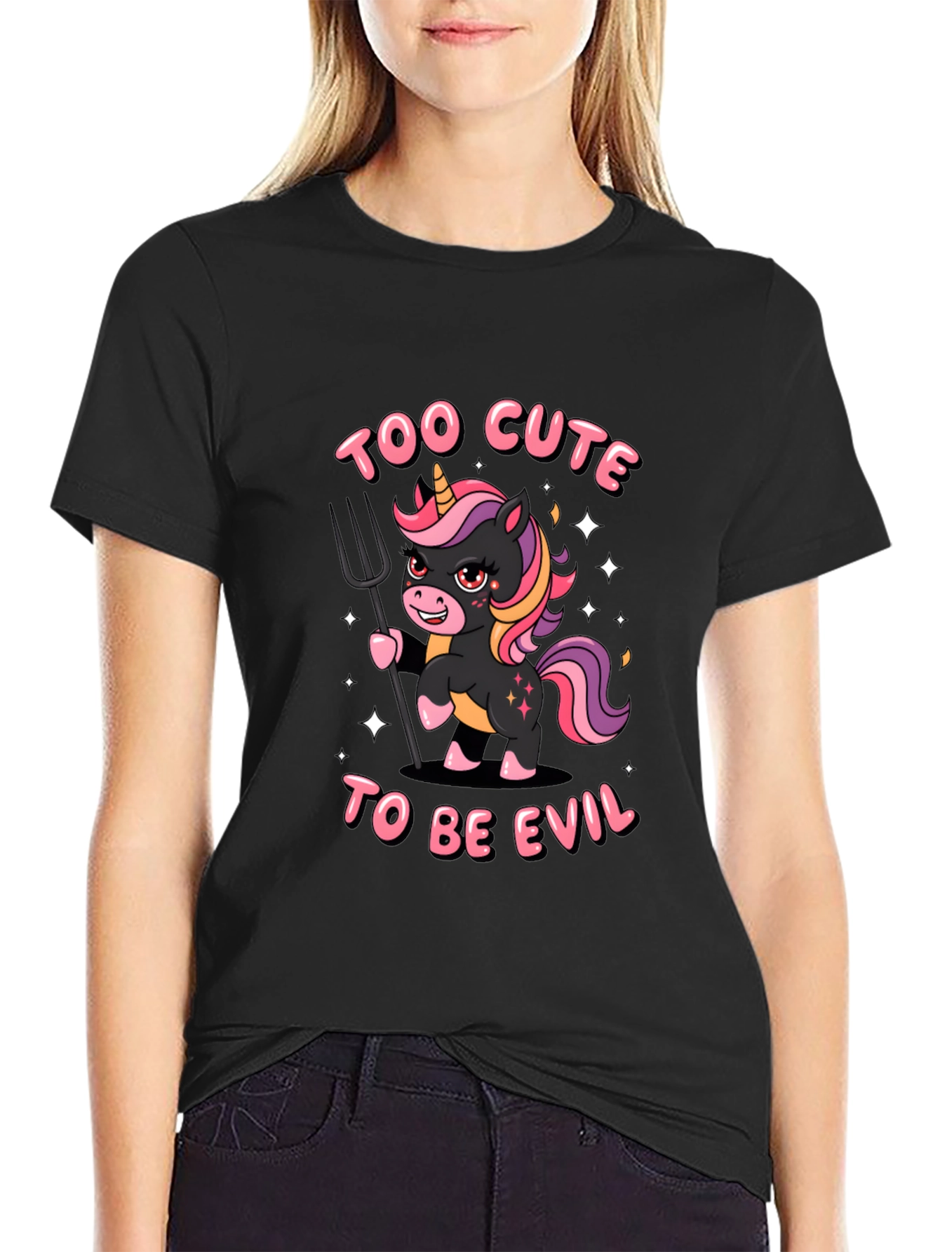 Black Too Cute To Be Evil Unisex T-Shirt view 2