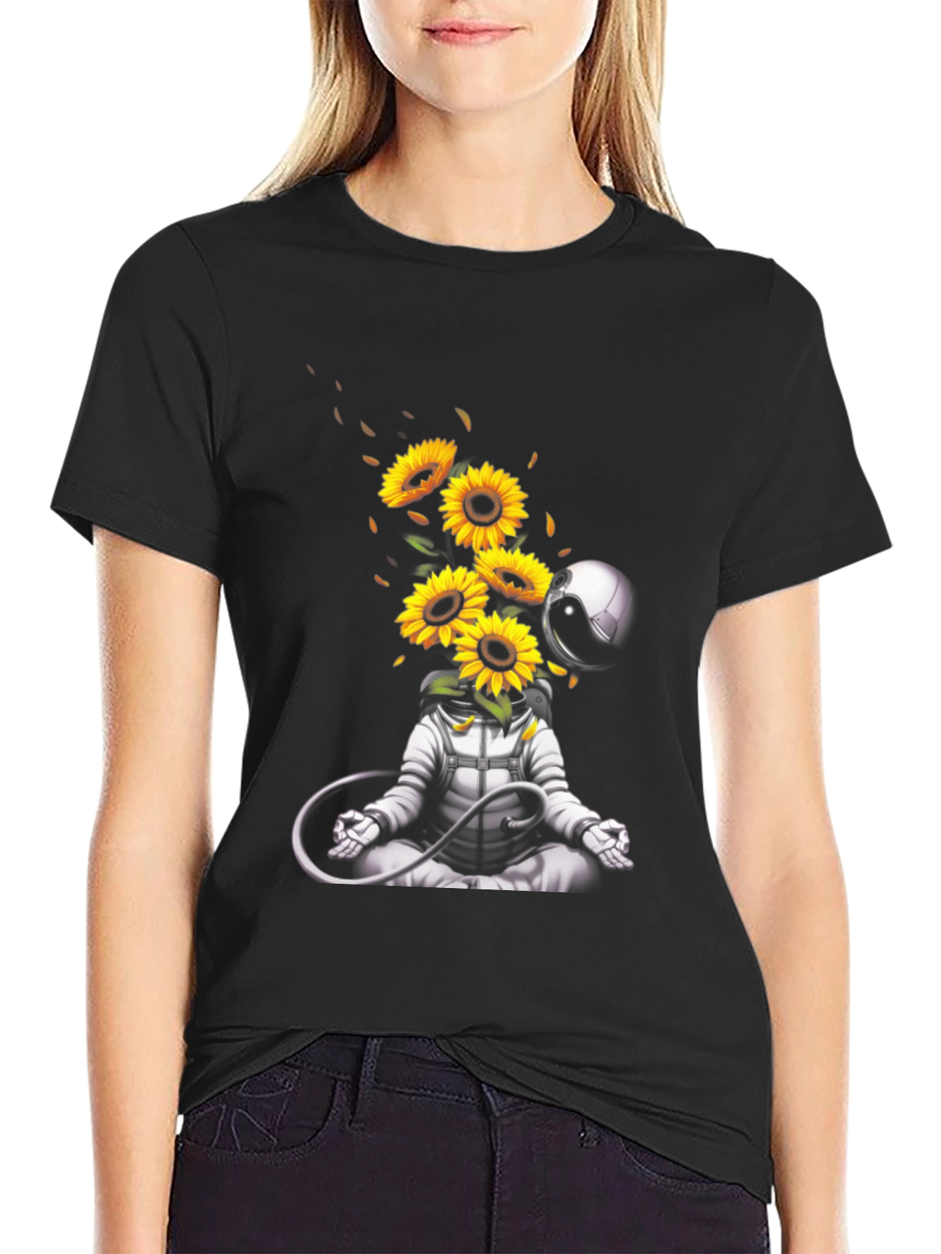 Black Meditating Astronaut with Sunflowers Graphic T-Shirt view 2