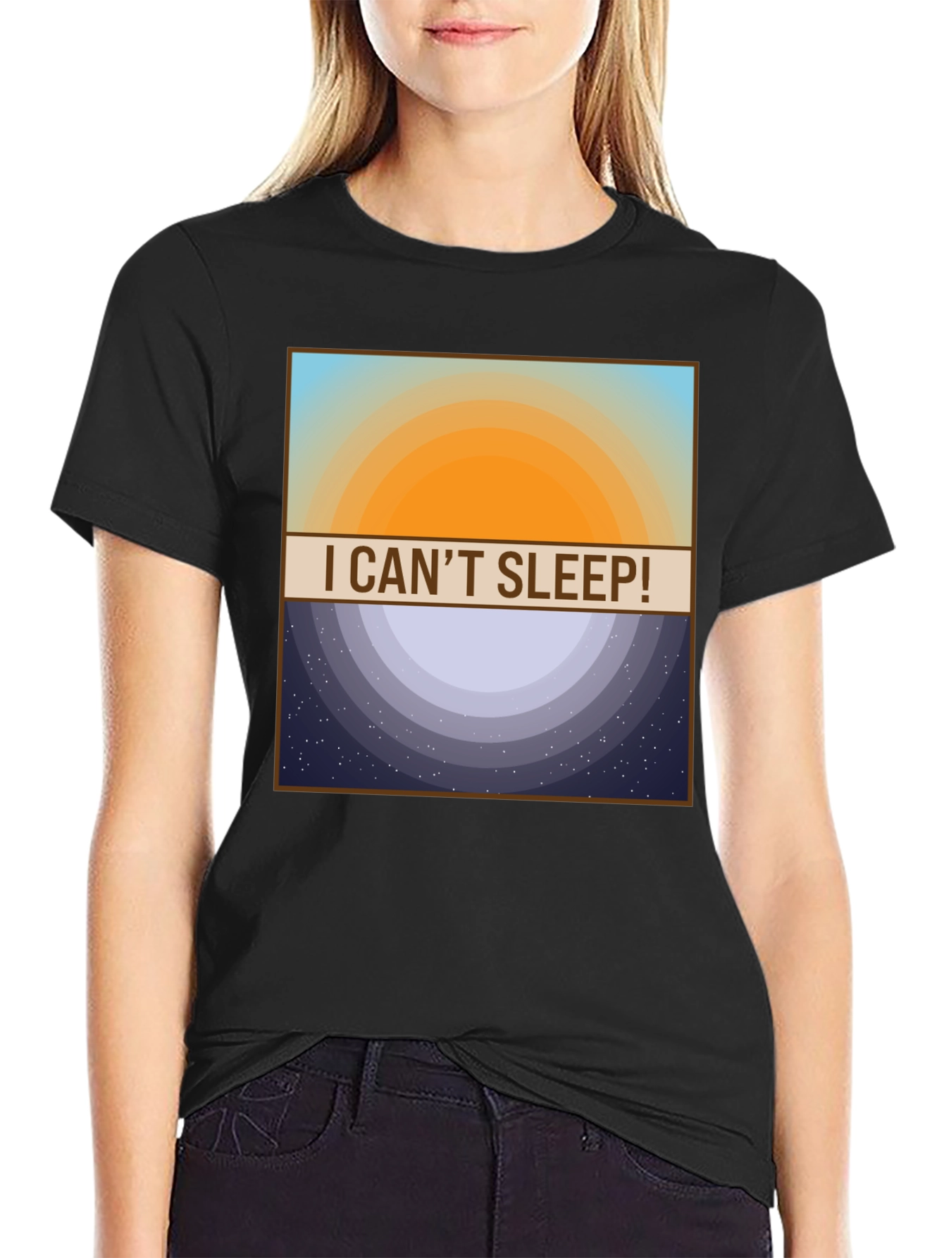 Black I Can't Sleep! T-Shirt - Day and Night Design view 2