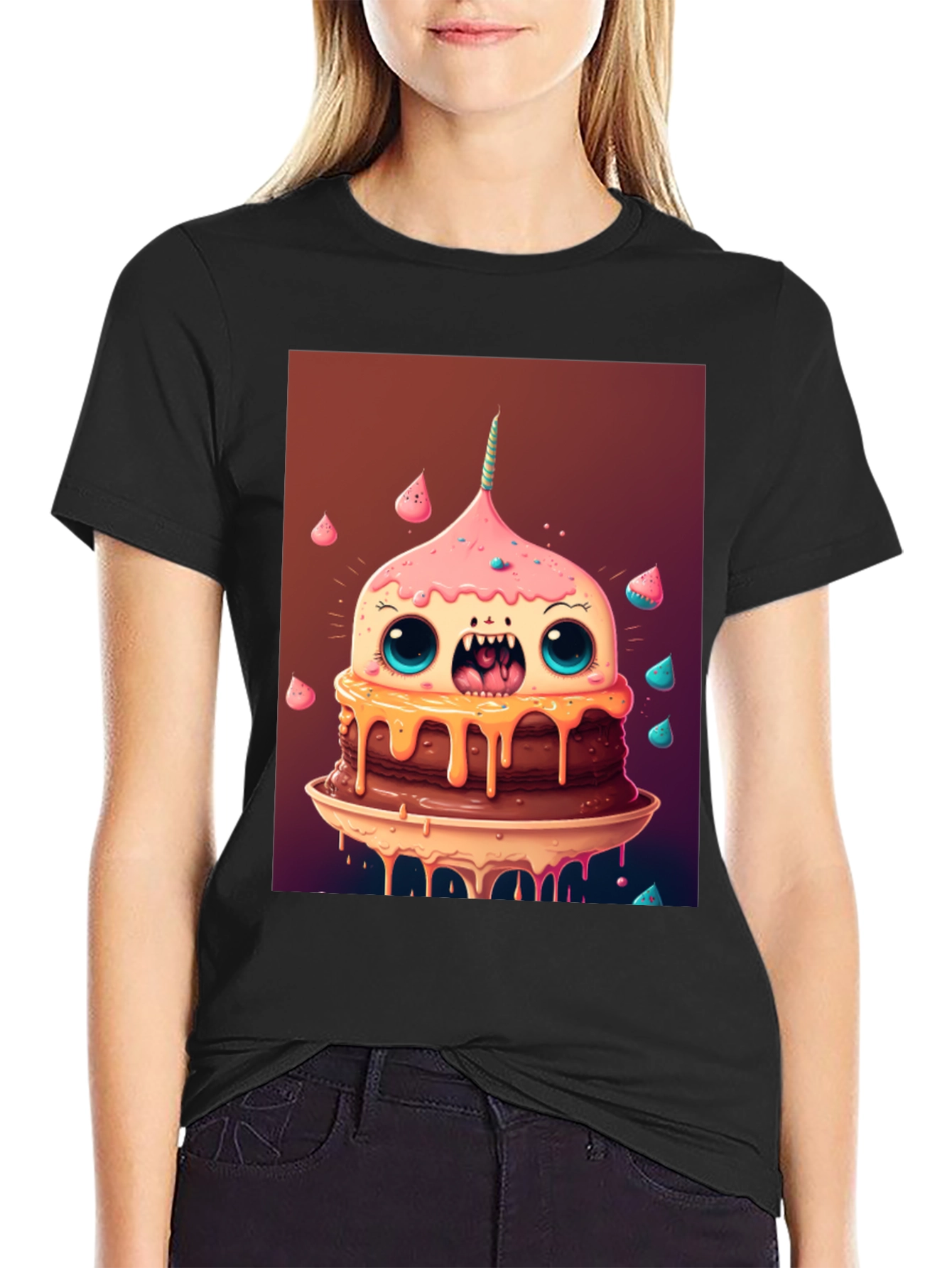 Black Monster Cake Graphic Tee - Unique Cartoon T-Shirt view 2