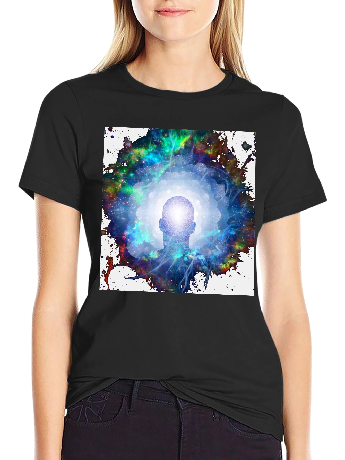 Black Mystical Head in Galaxy Men's Black T-Shirt view 2