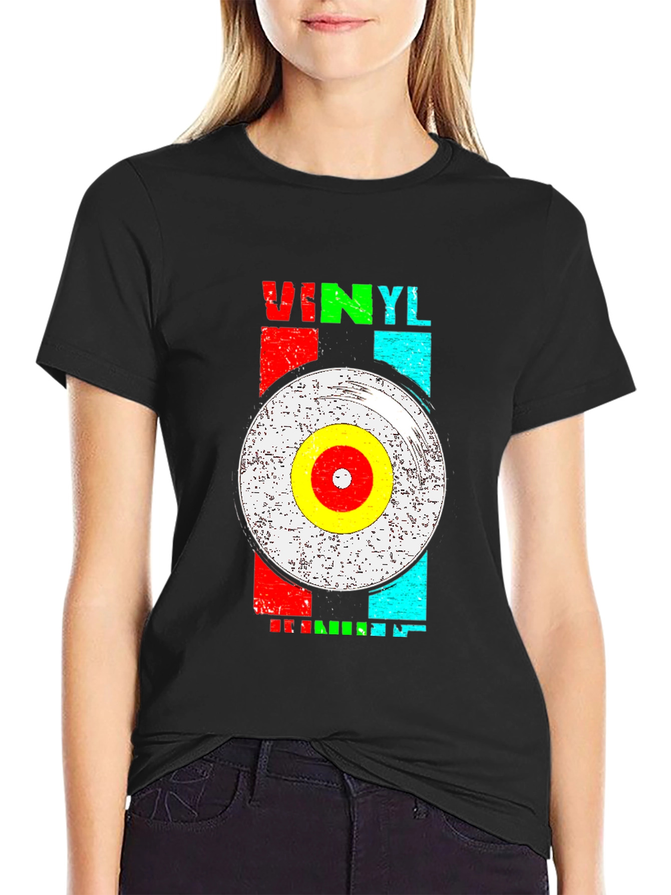 Black Retro Vinyl Record Graphic T-Shirt view 2