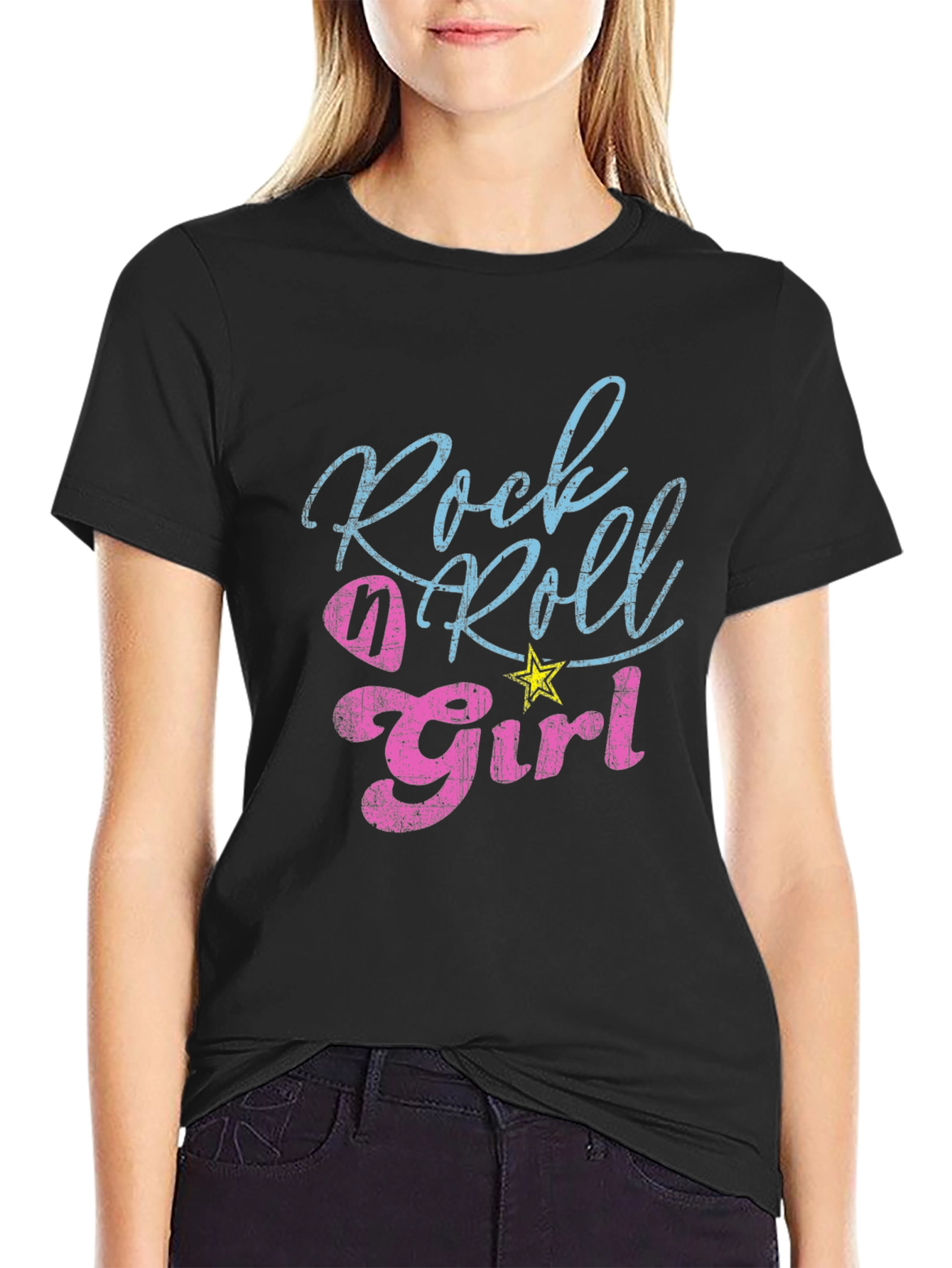 Black Rock n Roll Girl Tee - Distressed Graphic T-Shirt view 2