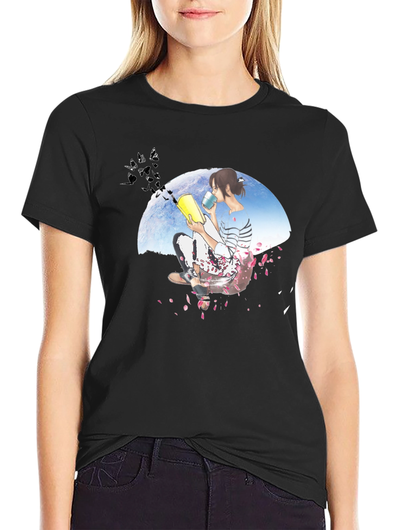 Black Anime Girl Reading Book Black T-Shirt view 2