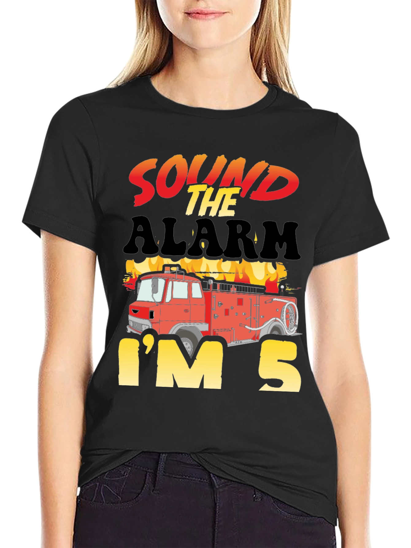 Black Sound the Alarm, I'm 5! Fire Truck Kids Birthday T-Shirt view 2