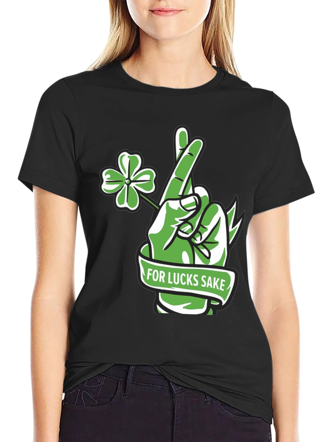 Black Lucky Charm T-Shirt - 'For Lucks Sake' Design view 2