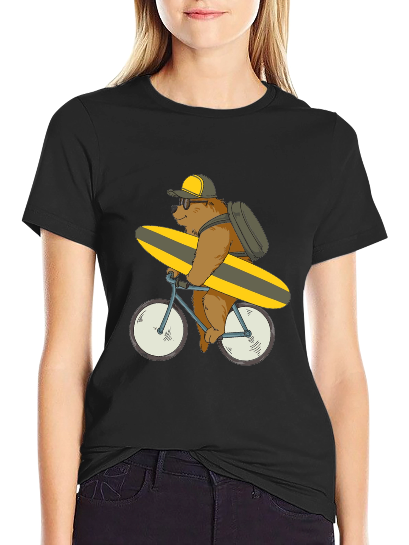 Black Bear on Bike T-Shirt - Surfing Bear Tee view 2